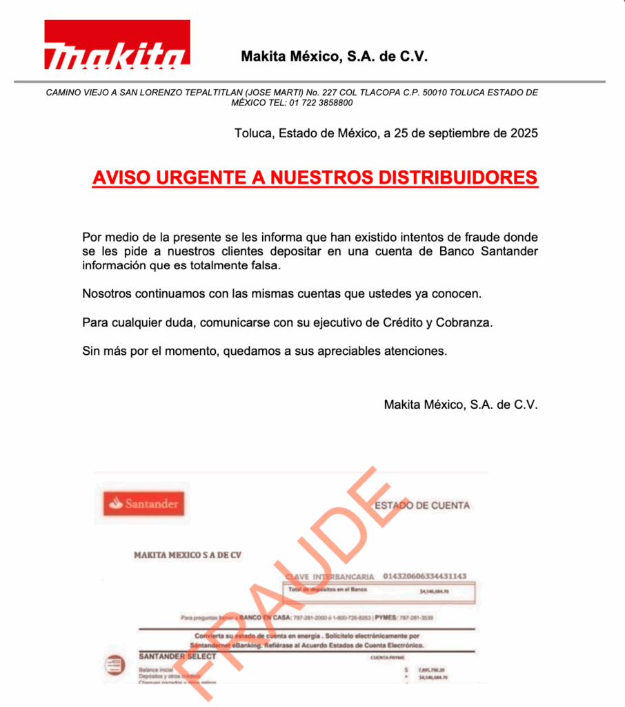 Aviso urgente a nuestros Distribuidores Makita
